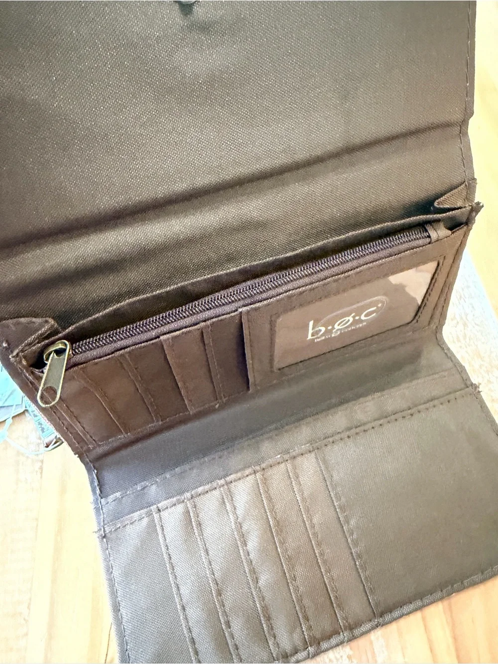 NEW b.o.c. RFID Aqua and Taupe Trifold Wallet with Brown Accents BORN NWT